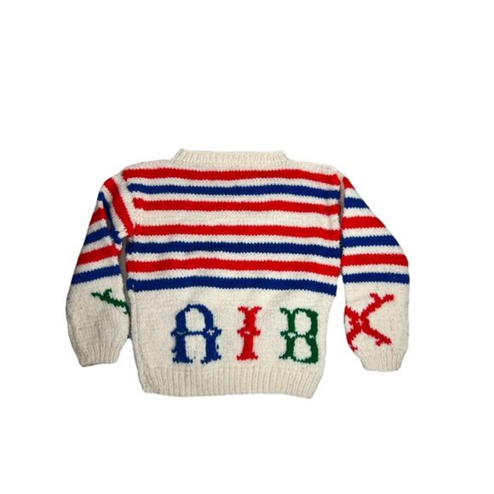 Vintage Child Cardigan Knit Sweater Red Blue Stripes Lettered See Measurements